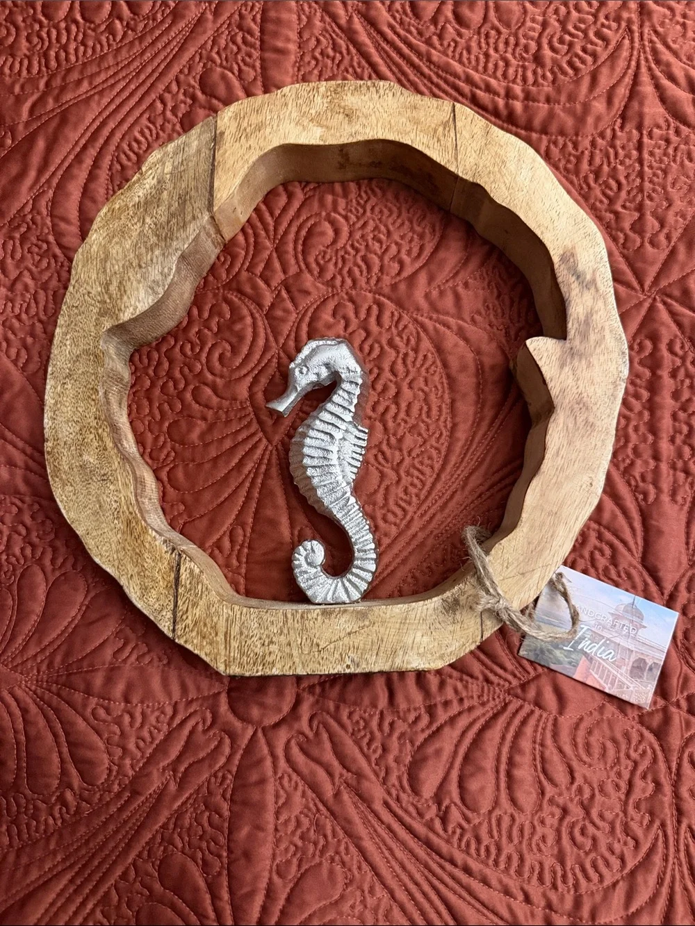 Handcrafted Wooden Ring Wall Decor with Silver Seahorse - Rustic Home Accent